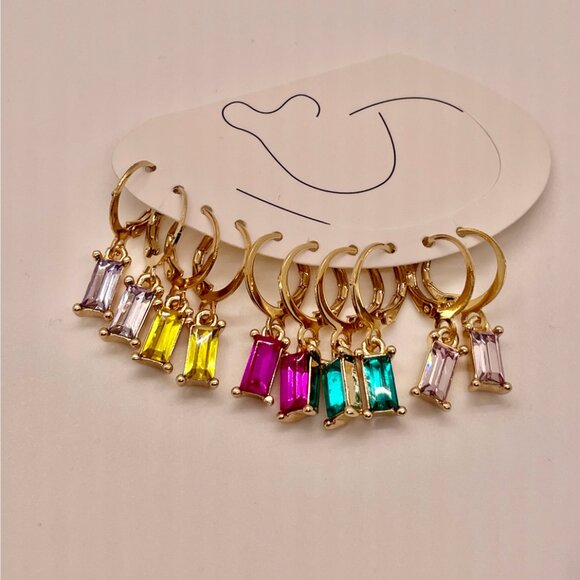 ⭐️❤️FREE Rhinestone Baguette Hoop Set Hipster Hippie Art Chic Glam Mini Earrings - Picture 6 of 8